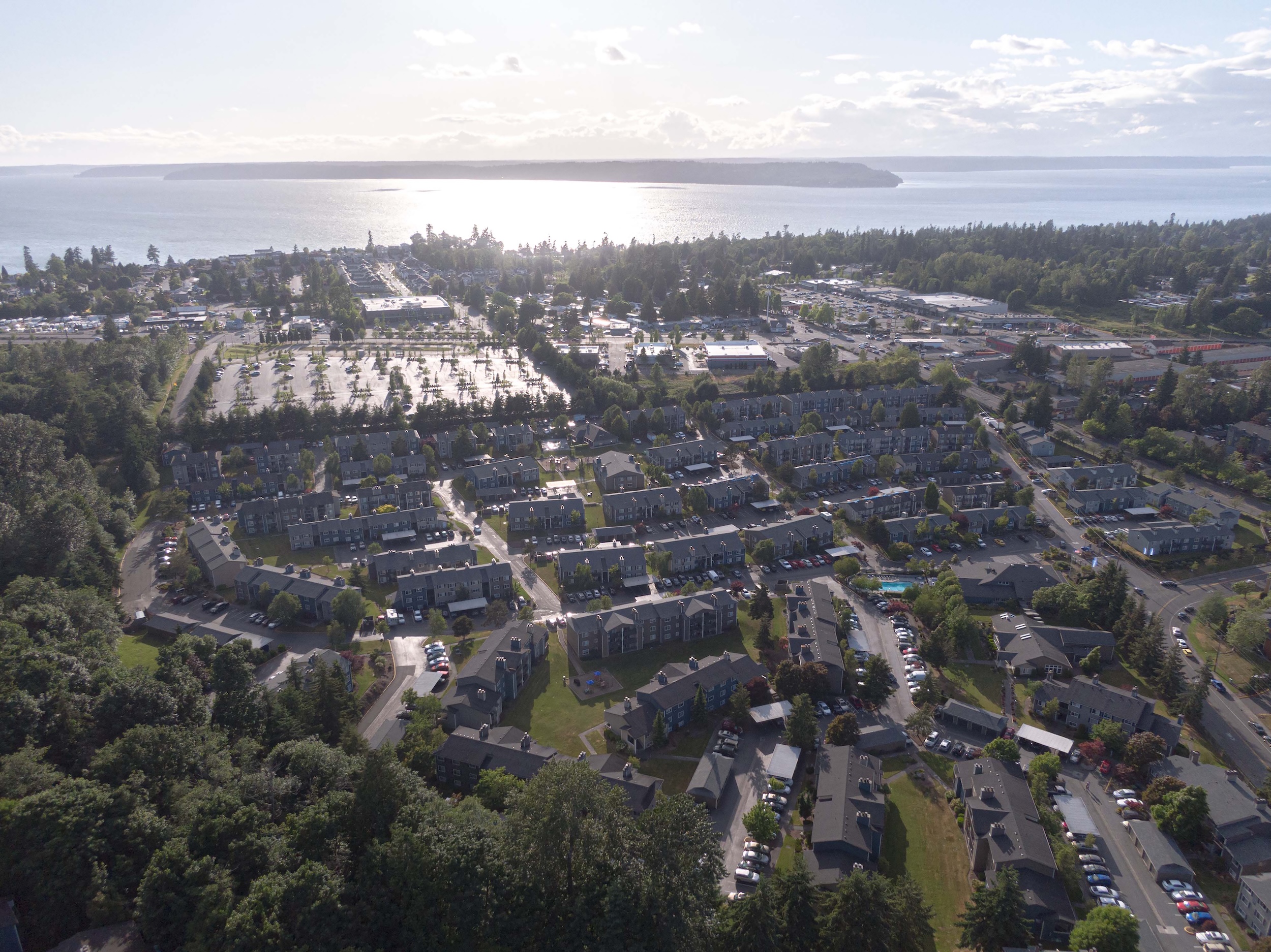 Wide aerial view of Roof Rite's large coastal housing community re-roofing project. Rows of over 50 multi-family buildings outlined by dense trees, with rooftops showing uniform installation under soft afternoon light. The scene overlooks a sparkling bay and distant shoreline, blending urban development and natural beauty.